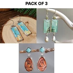 3-Pack Bundle – Vintage Boho Dangle Earrings Set: Blue Stone, Opal Pearl-Like
